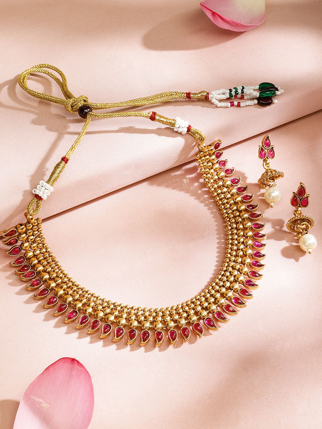Dhiyona RJ Women's 22K Gold-Plated Handcrafted Brass Necklace Set with Ruby Red Stones & Pearl Drops