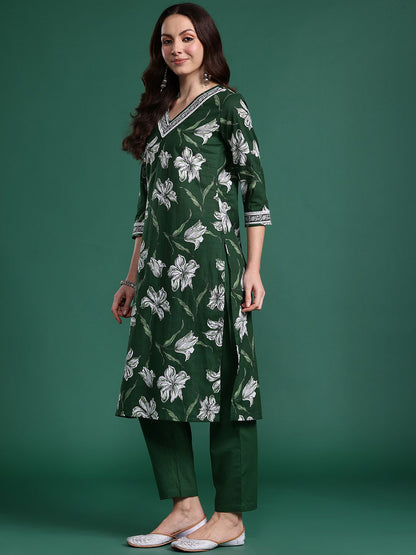 Dhiyona IE Floral Printed Regular Pure Cotton Kurta with Trousers & Dupatta