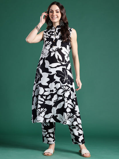 Floral Printed Pleated Pure Cotton Kurta with Trousers