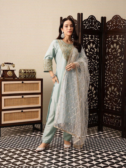 Dhiyona PD Women Floral Yoke Design Sequinned Jashn Kurta with Trousers & With Dupatta