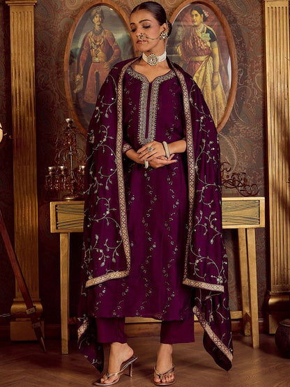 Dhiyona IE Floral Embroidered Zari Kurta with Trousers & Dupatta