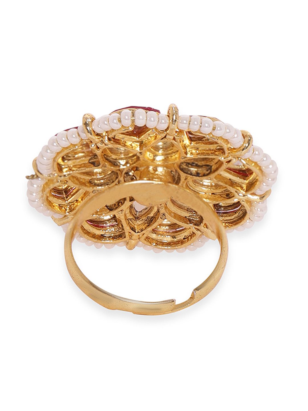 Dhiyona RJ Women's Women 22K Gold-Plated Kundan-Studded & Pearls Beaded Adjustable Finger Ring