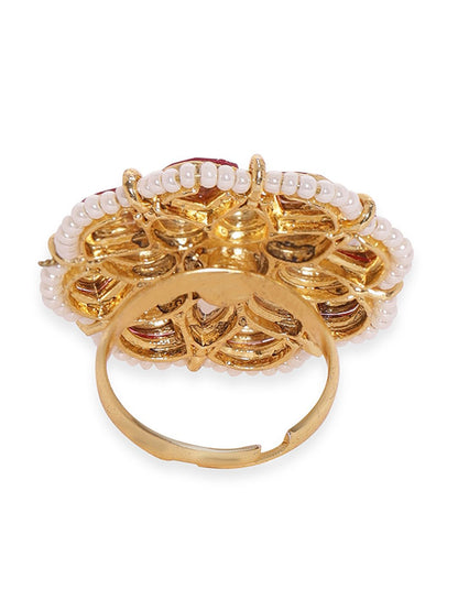 Dhiyona RJ Women's Women 22K Gold-Plated Kundan-Studded & Pearls Beaded Adjustable Finger Ring