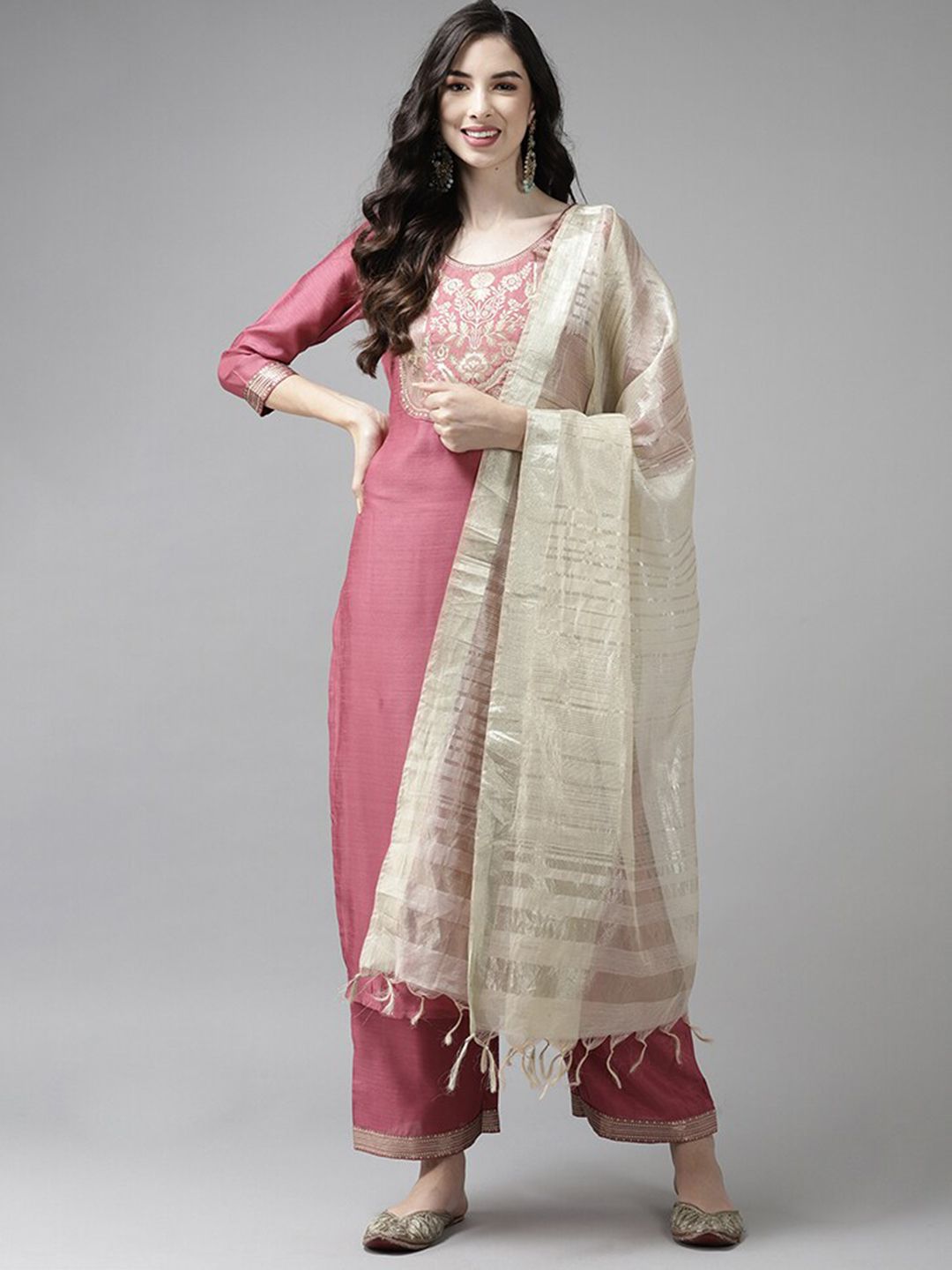 Pink & Off White Ethnic Mottifs Yoke Design Kurta with Palazzos & Dupatta