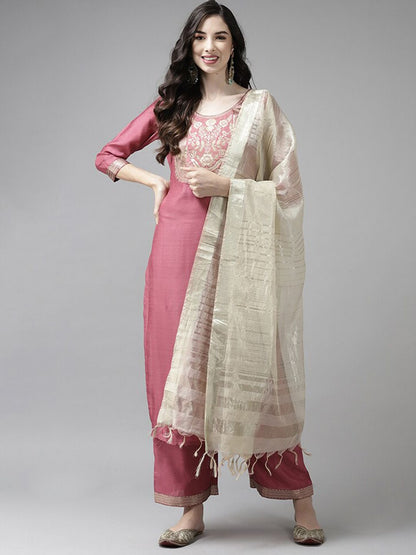 Pink & Off White Ethnic Mottifs Yoke Design Kurta with Palazzos & Dupatta