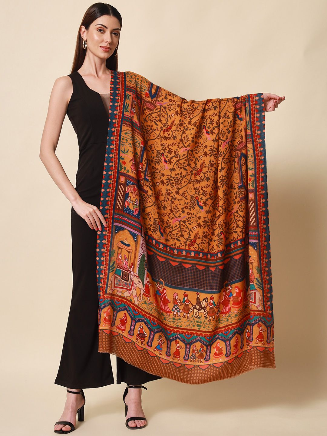 Dhiyona PA Women Yellow Printed Pure Wool Shawl