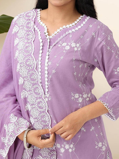 Dhiyona IS Women's Floral Embroidered Pure Cotton Straight Kurta With Trousers & Dupatta
