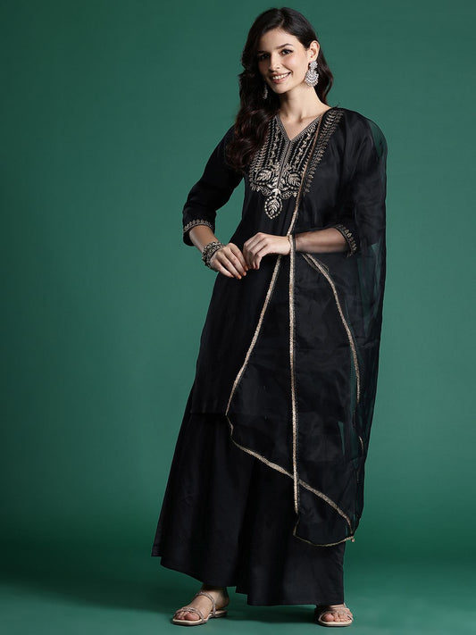 Dhiyona IE Ethnic Motifs Zari Embroidered Liva Kurta With Sharara & Dupatta
