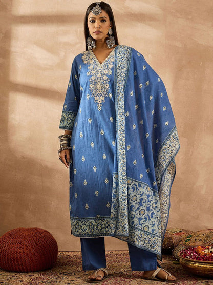 Dhiyona IE Women Ethnic Motifs Embroidered Regular Thread Work Pure Cotton Kurta with Trousers & With Dupatta