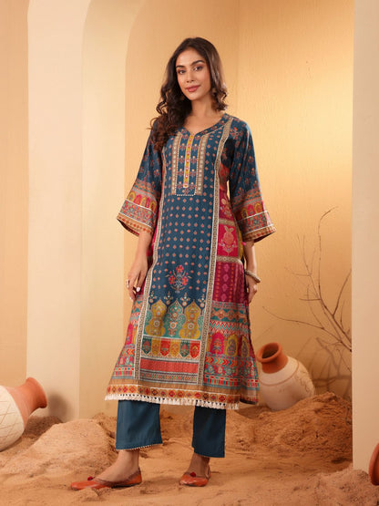 Dhiyona VA Women's Ethnic Motifs Printed Regular Gotta Patti Kurta with Trousers & Dupatta