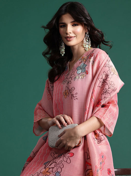 Dhiyona IE Floral Printed Sequinned Kurta With Trousers & Dupatta
