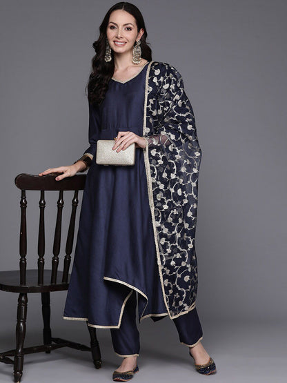 Dhiyona IE Navy Blue Empire V-Neck Sequinned Kurta With Trousers & Dupatta