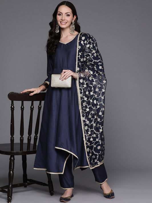 Dhiyona IE Navy Blue Empire V-Neck Sequinned Kurta With Trousers & Dupatta
