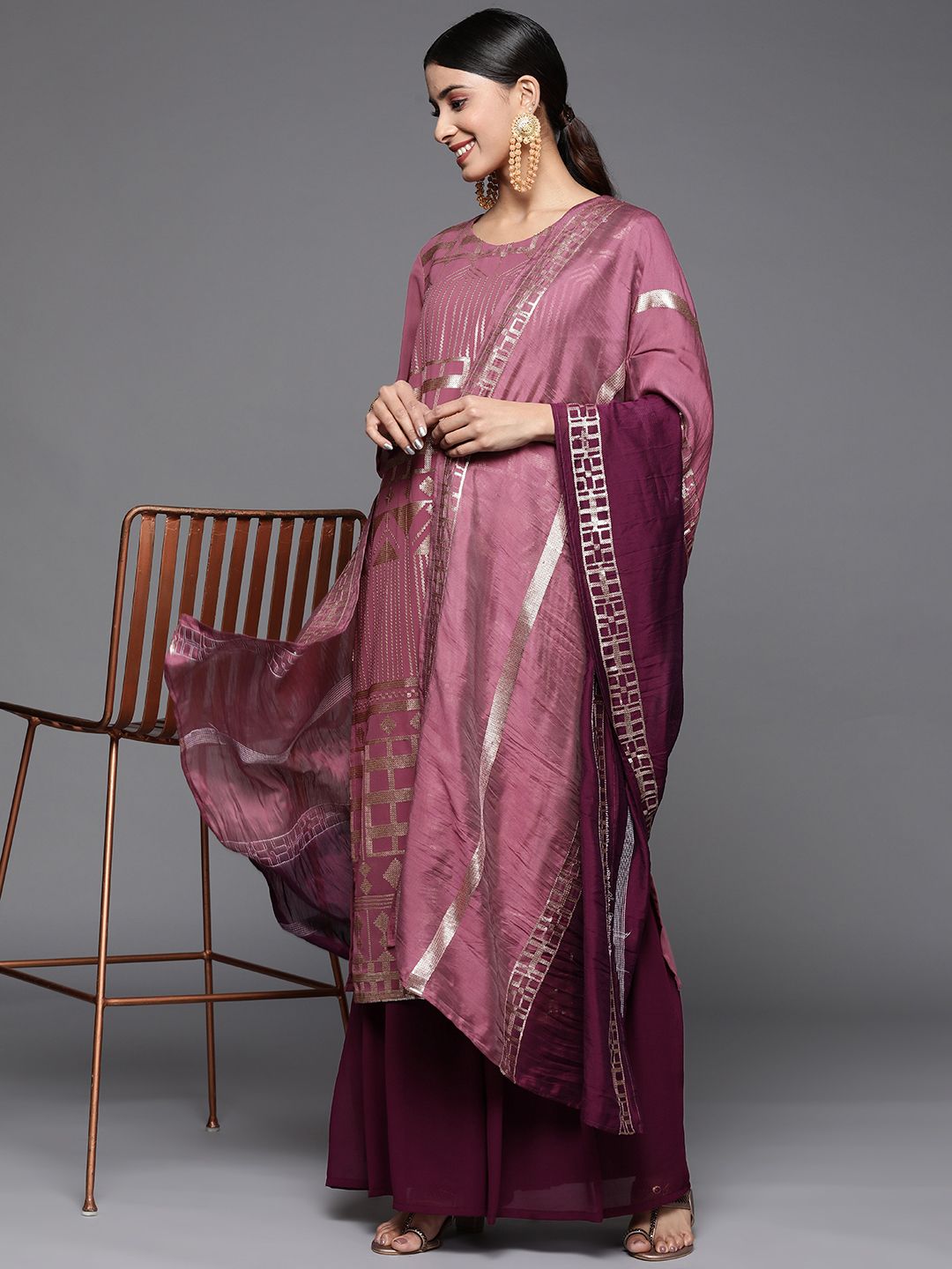 Dhiyona VA Women's Embroidered Sequinned Kurta With Sharara & Dupatta