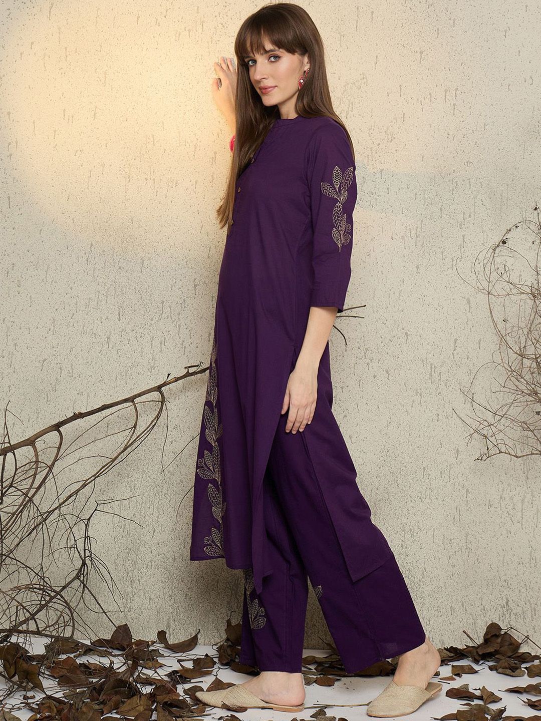 Dhiyona IE Women Embroidered Mandarin Collar Cotton Top and Trousers Co-Ords