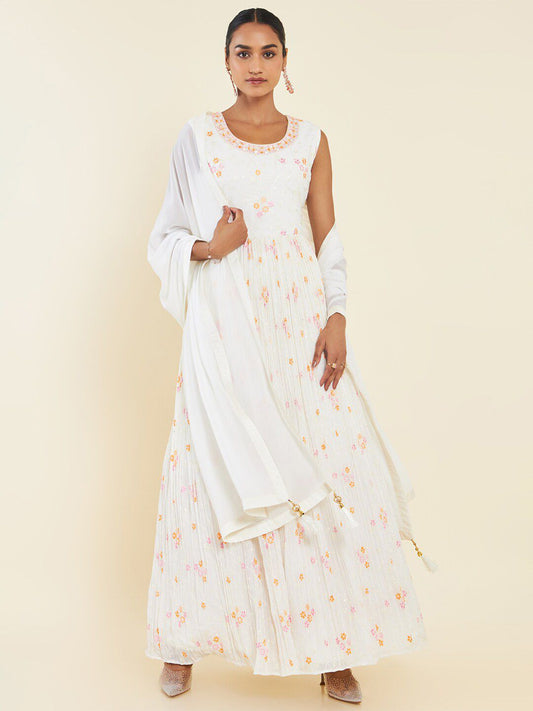 Dhiyona SO Women's Off Floral Embroidered Georgette Anarkali Kurta With Leggings And Dupatta