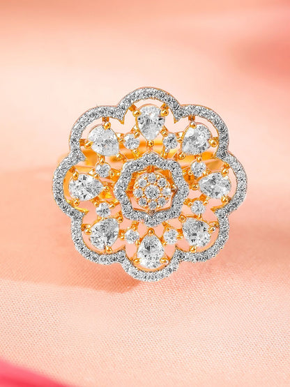 Dhiyona RJ Women's 22K Gold-Plated Floral Design Cubic Zirconia Studded Adjustable Finger Ring