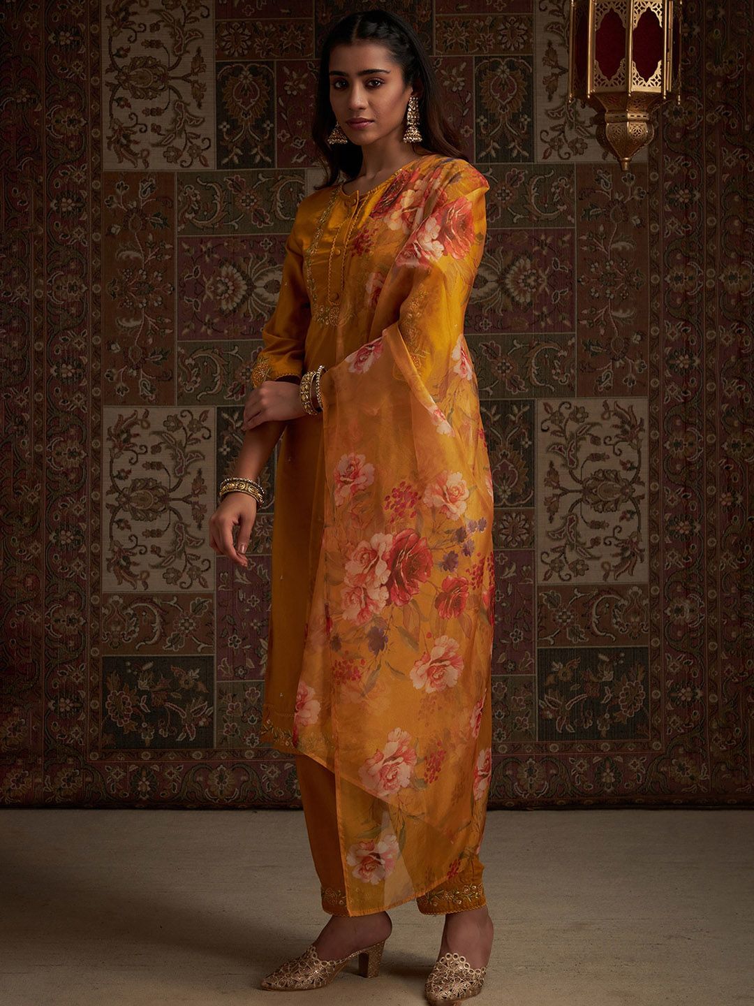 Floral Embroidered Kurta with Trousers & With Dupatta