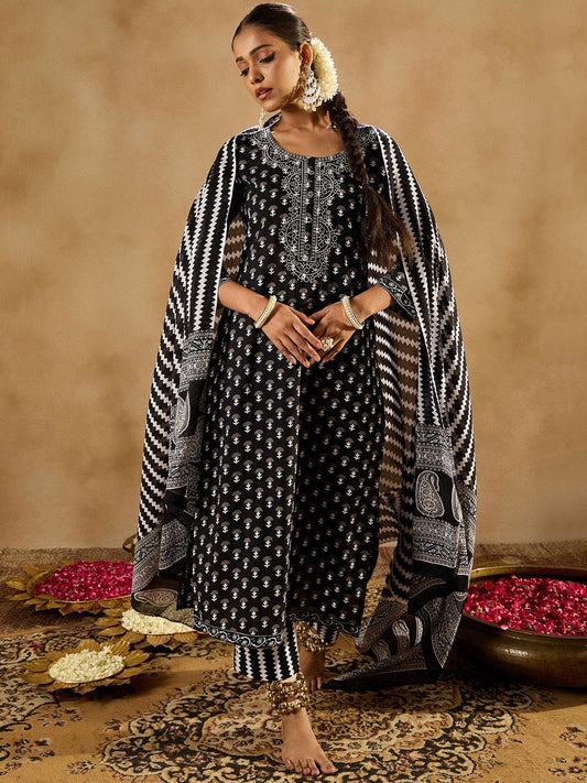 Dhiyona IE Black Ethnic Motifs Printed Pure Cotton Straight Kurta With Trousers & Dupatta