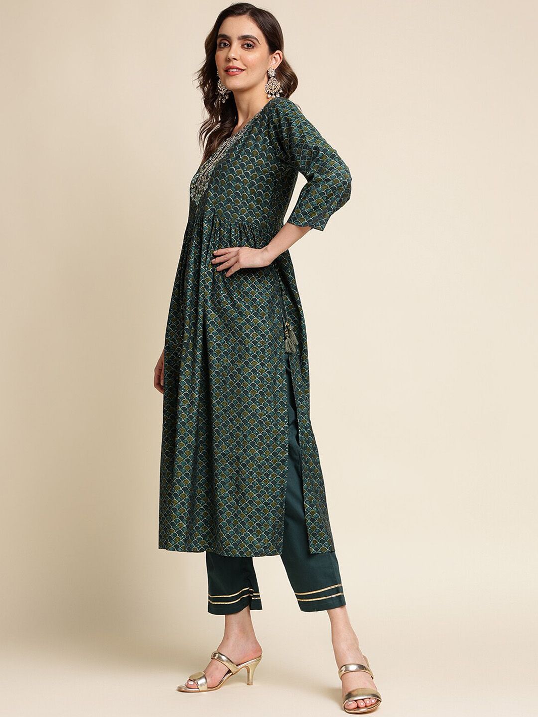 Dhiyona IS Women's Printed Green Empire Gotta Patti Pure Cotton Kurta with Trousers & Dupatta