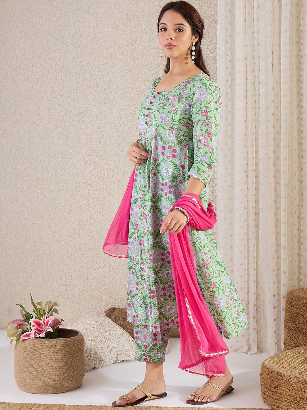 Dhiyona IE Floral Printed V-Neck Pure Cotton A-Line Kurta & Trousers With Dupatta