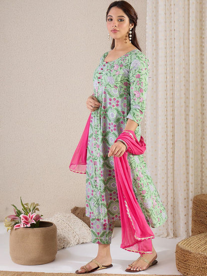 Dhiyona IE Floral Printed V-Neck Pure Cotton A-Line Kurta & Trousers With Dupatta