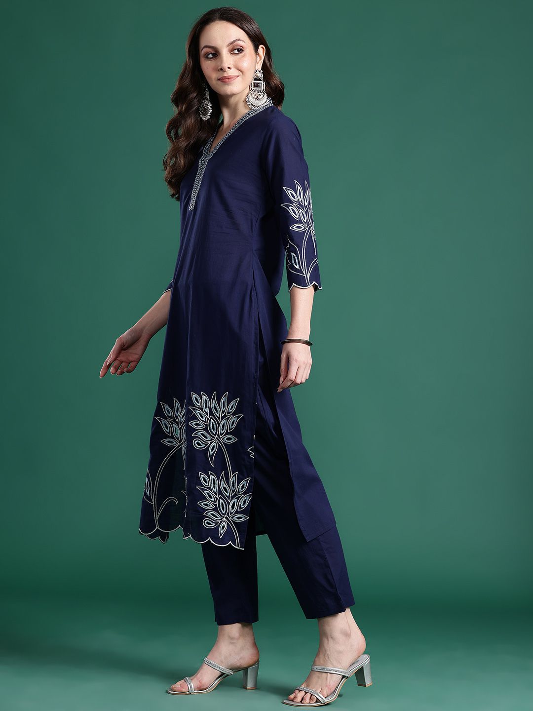 Floral Embroidered Pure Cotton Kurta with Trousers