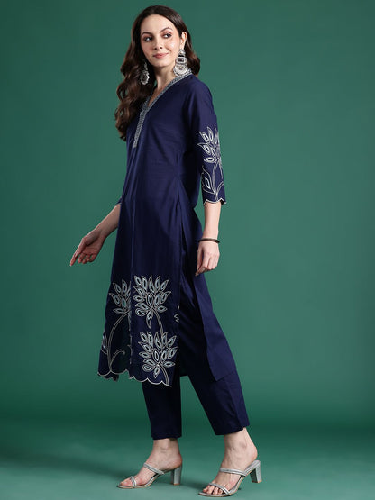 Floral Embroidered Pure Cotton Kurta with Trousers