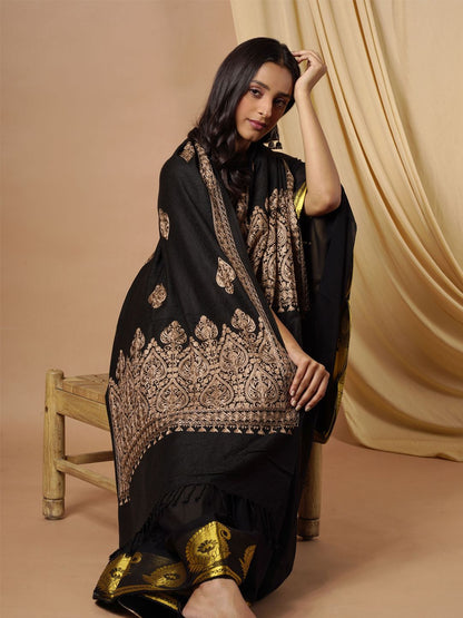 Dhiyona PA Women Black & Gold Embroidered Viscose Rayon Shawl
