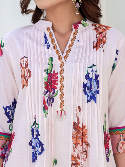 Floral Printed Mandarin Collar Pure Cotton Kurta With Trousers