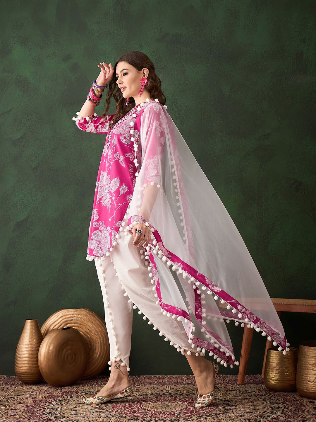 Dhiyona SN Women's Pink Floral Printed Mirror Work Straight Kurti With Dhoti Pants & Dupatta