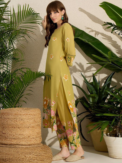 Dhiyona IE Women's Floral Printed Sequinned Pure Cotton Kurta with Trousers