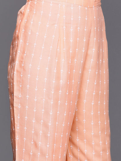 Women Peach-Coloured Embroidered Mirror Work Kurta with Trousers & Dupatta