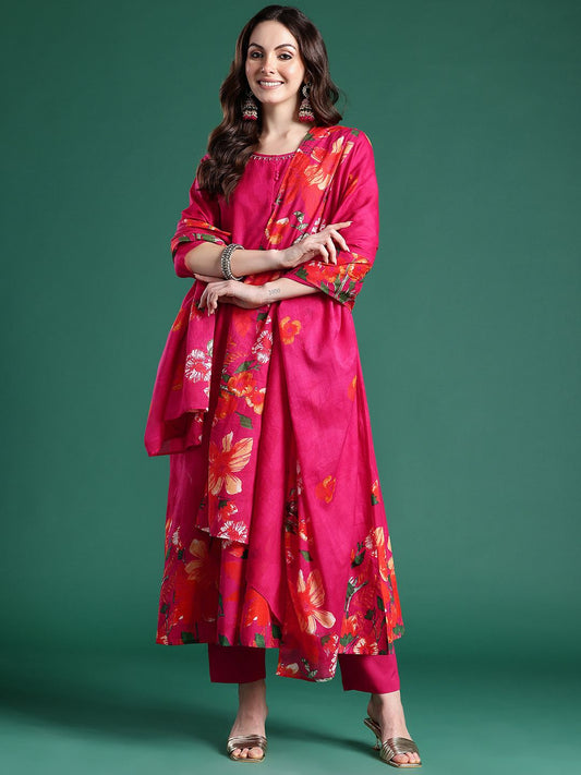 Dhiyona IE Floral Printed Beads & Stones Pure Cotton Kurta With Trousers & Dupatta