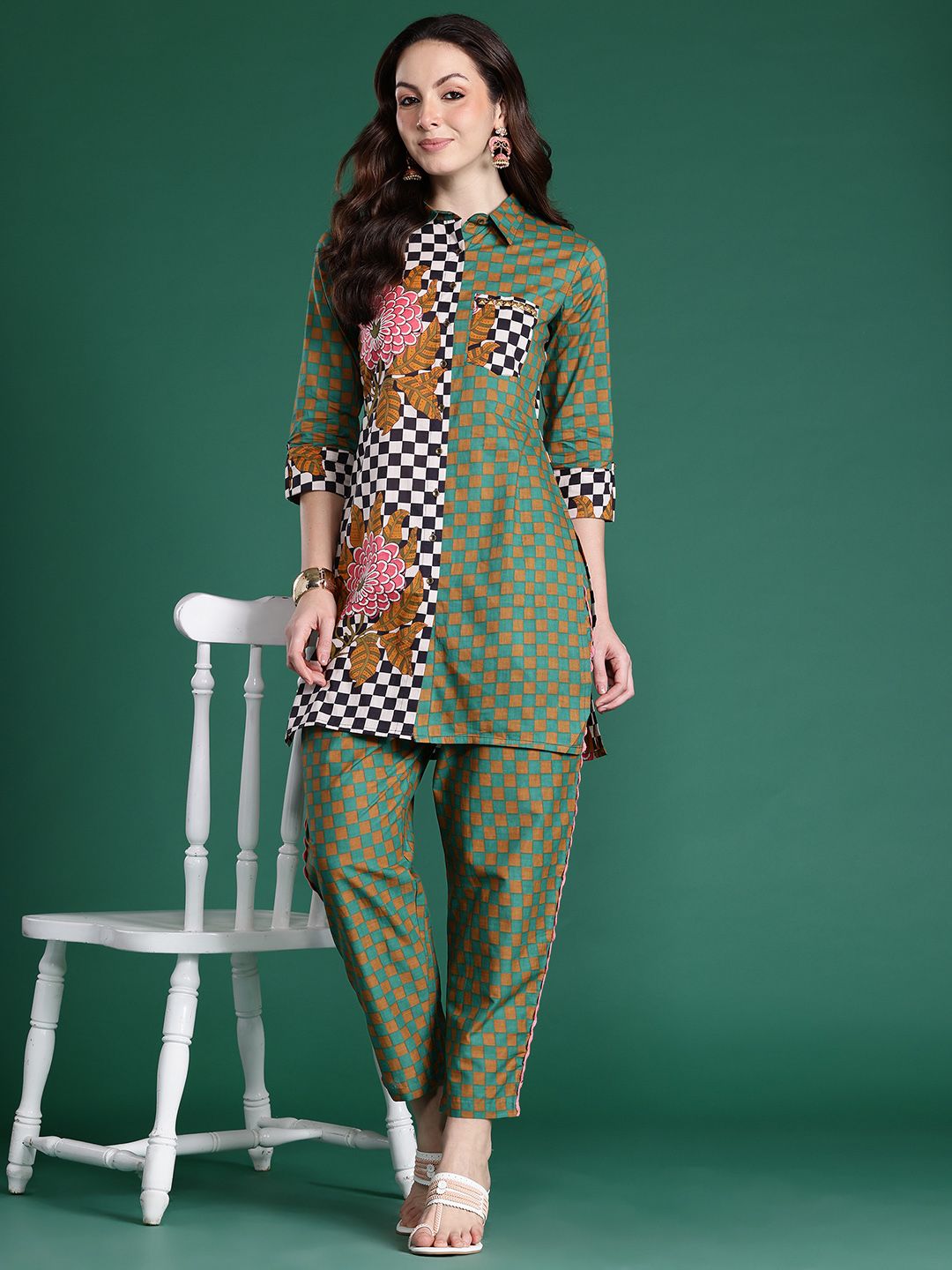 Dhiyona IE Floral Printed Pure Cotton Kurta with Trousers