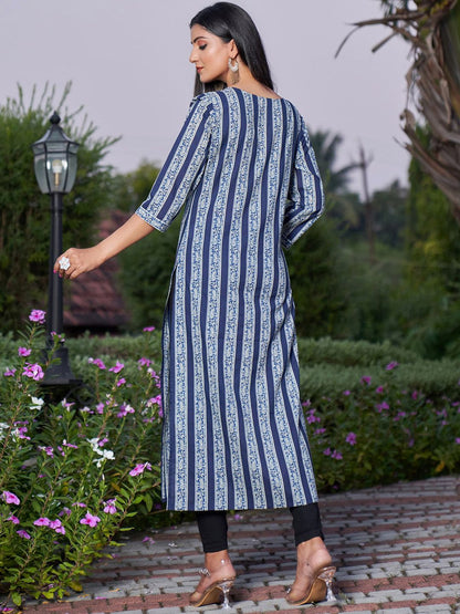 Dhiyona IE Blue Striped V-Neck Pure Cotton Straight Kurta