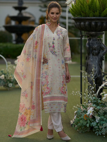 Women Floral Embroidered Linen Kurta with Trousers & Dupatta