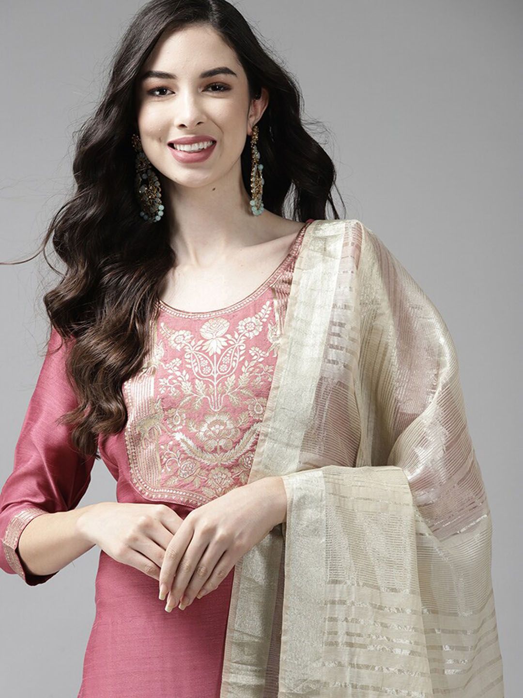 Pink & Off White Ethnic Mottifs Yoke Design Kurta with Palazzos & Dupatta