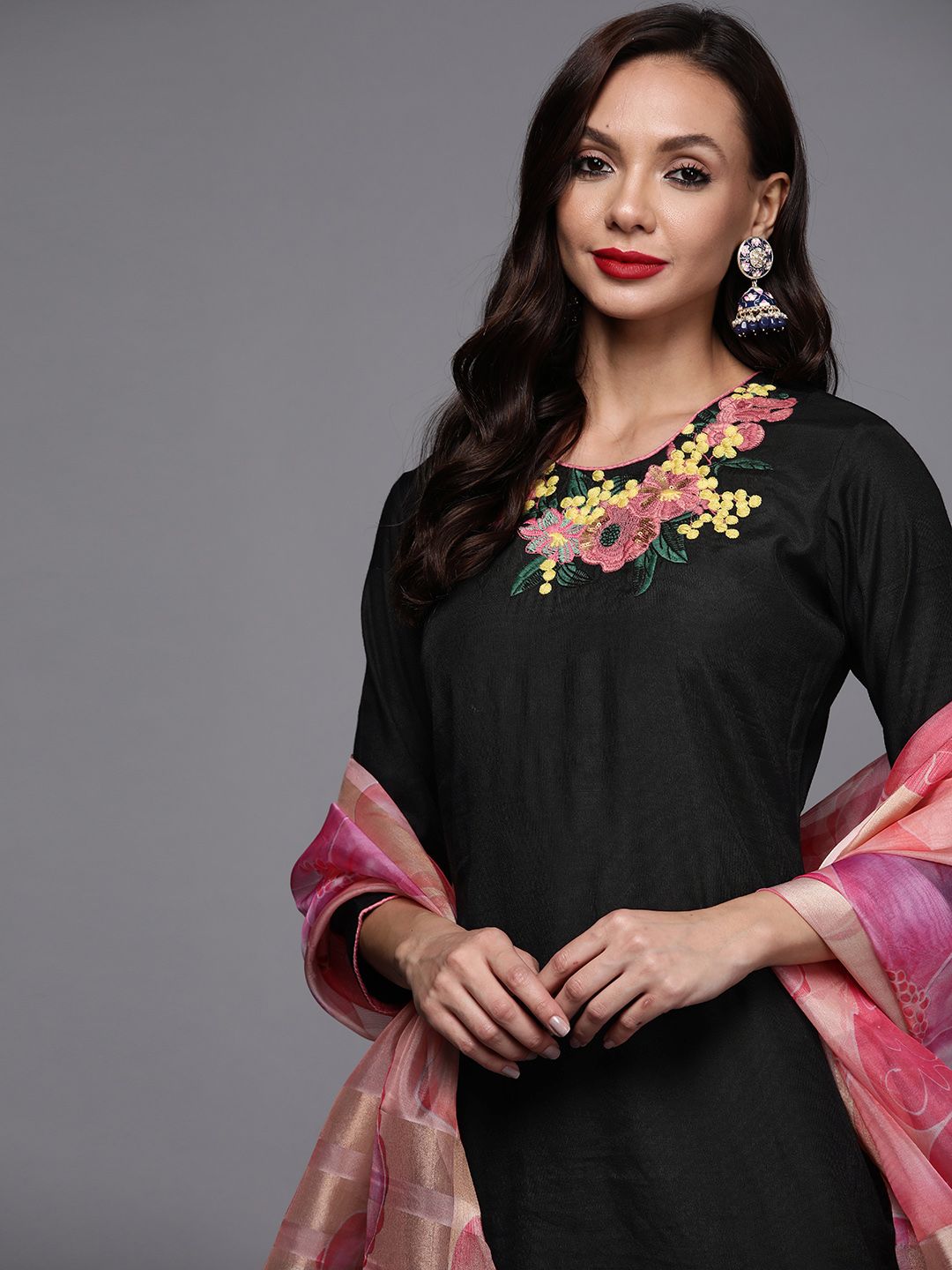 Dhiyona IE Women Black Embroidered Kurta with Palazzos & With Dupatta