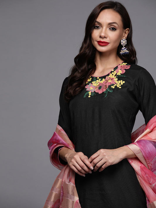 Dhiyona IE Women Black Embroidered Kurta with Palazzos & With Dupatta