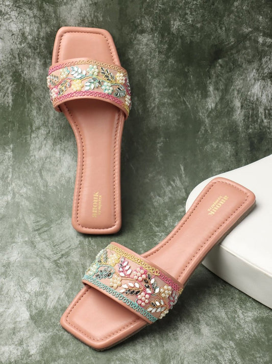 Dhiyona AK Peach-Coloured Embellished Open Toe Flats