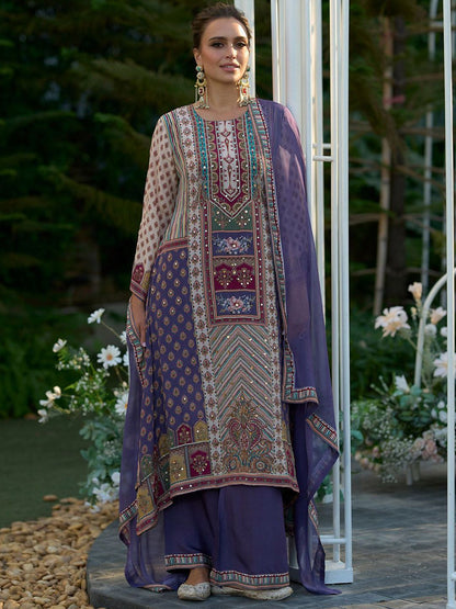 Floral Printed Mirror Work Liva Kurta with Palazzos & Dupatta