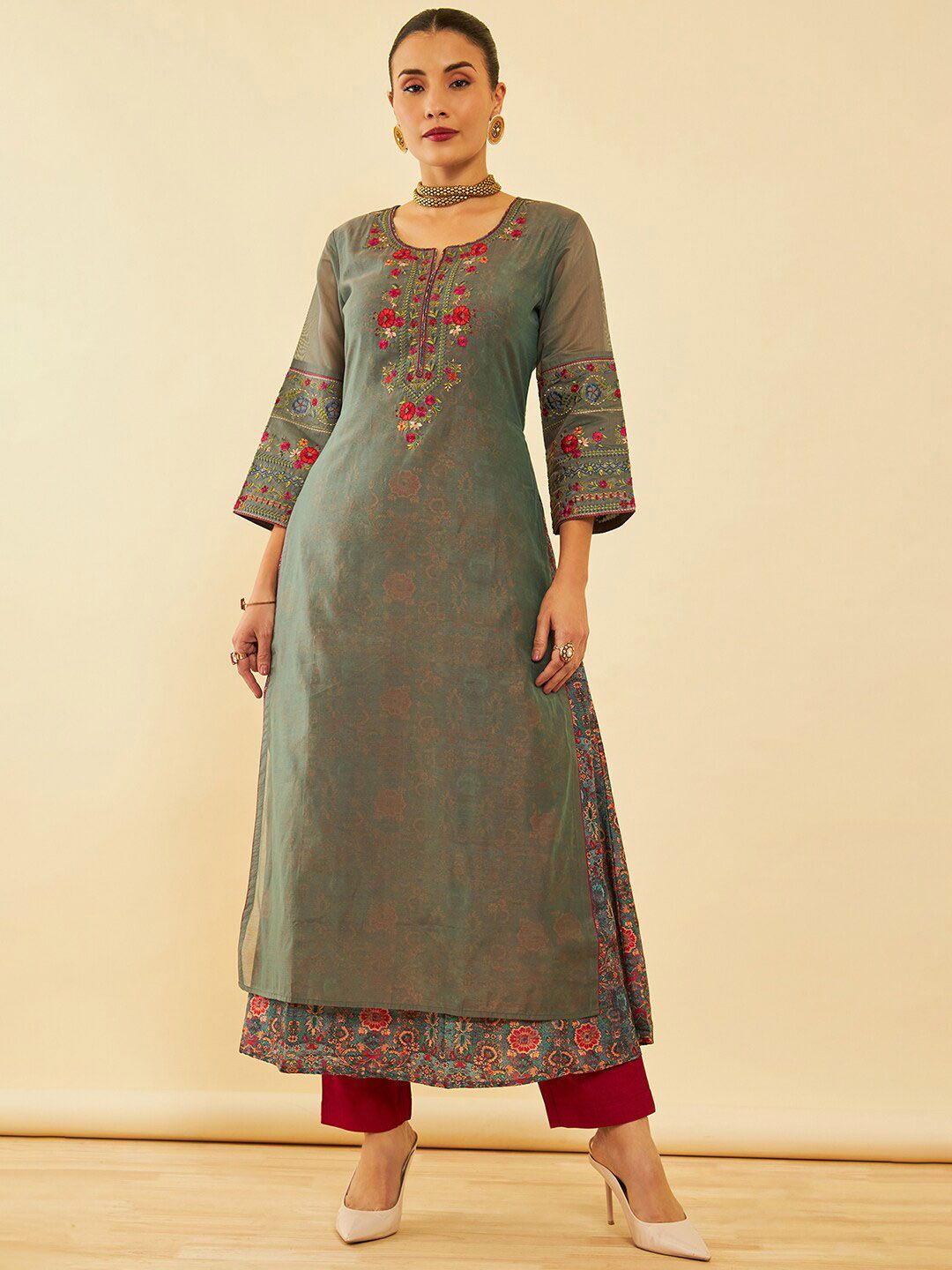 Dhiyona SO Women's Grey Floral Embroidered Layered Thread Work A-Line Kurta With Trousers & Dupatta