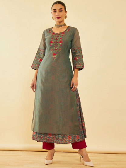 Dhiyona SO Women's Grey Floral Embroidered Layered Thread Work A-Line Kurta With Trousers & Dupatta