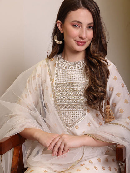 Dhiyona PD Women Embroidered Printed Round Neck Three-Quarter Sleeves Straight Kurta Set