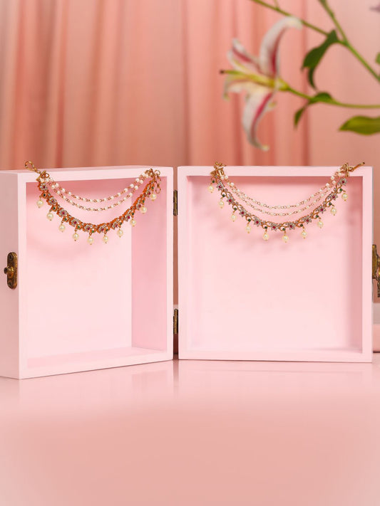 Dhiyona RJ Women's 22K Gold-Plated Ruby & Green Stone Studded Pearl Beaded Layered Ear Chain