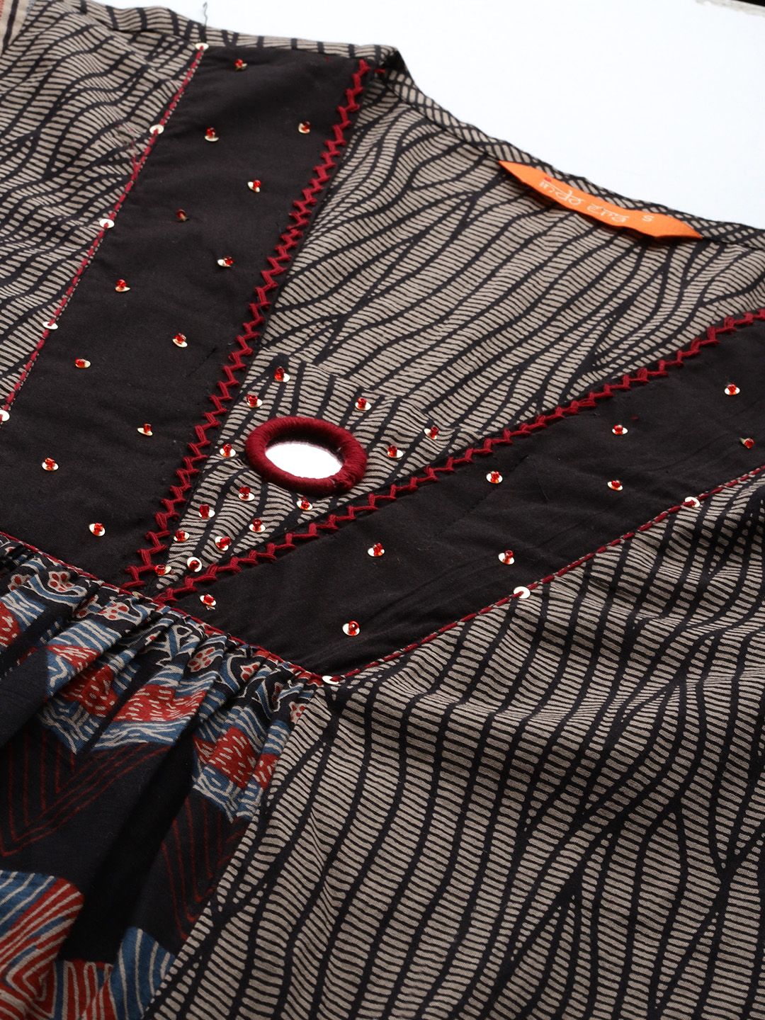 Printed Panelled Sequinned Pure Cotton A-Line Kurta with Trousers