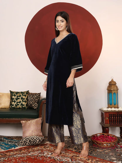 Dhiyona VA Women'sGota & Zari Embroidered Velvet Winter Kurta with Trouser
