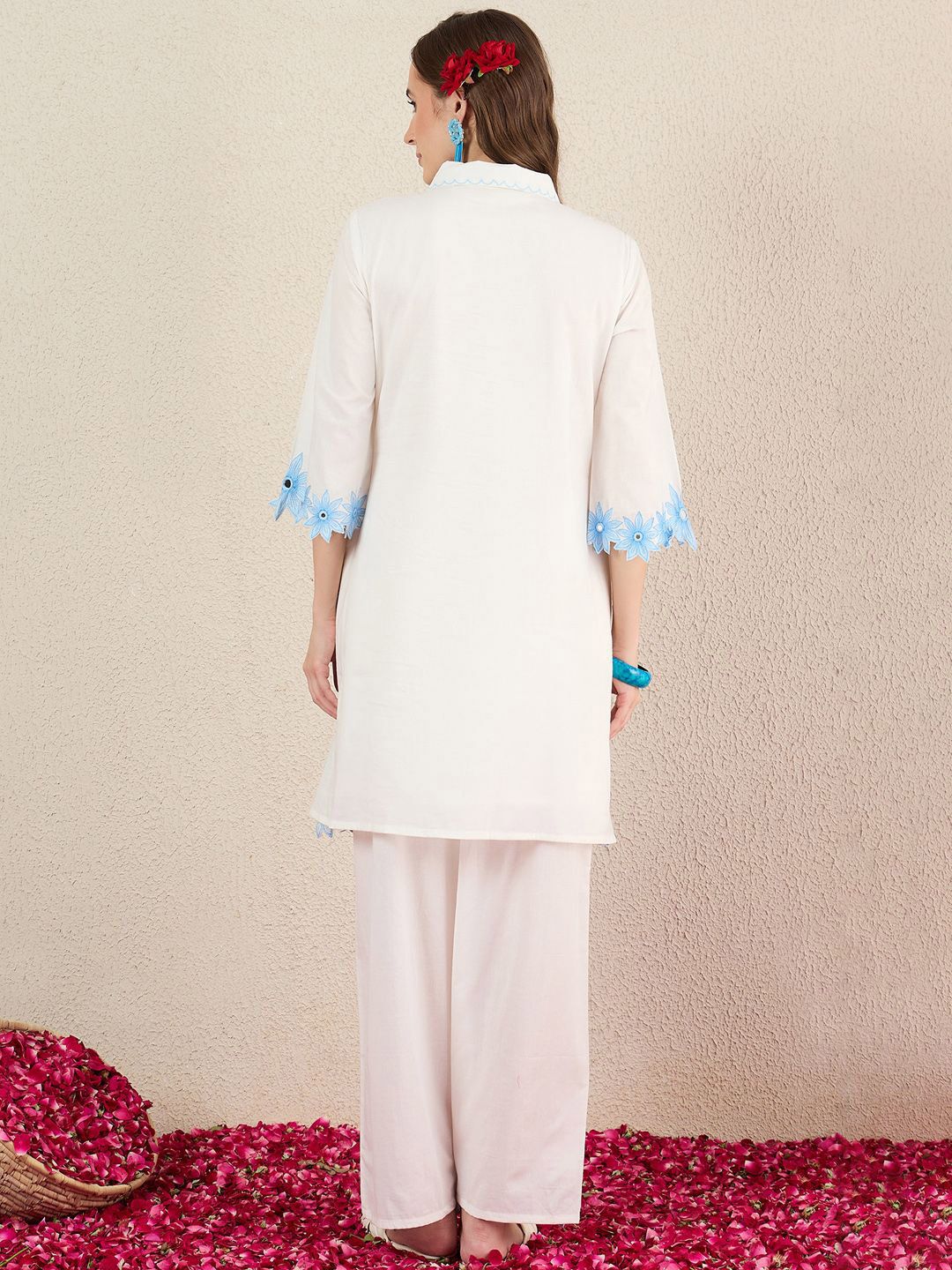 Women Solid Embroidered Cotton Kurta with Palazzos