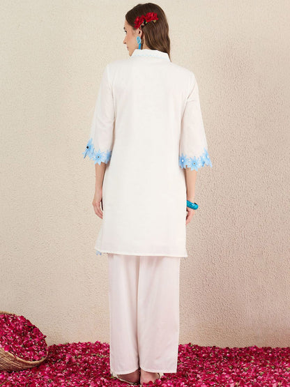 Women Solid Embroidered Cotton Kurta with Palazzos